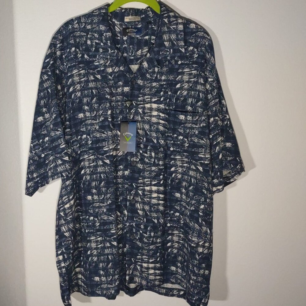 Callaway Golf Men's Large Blue & Beige Short Sleeve Button Up Silk Shirt NWT